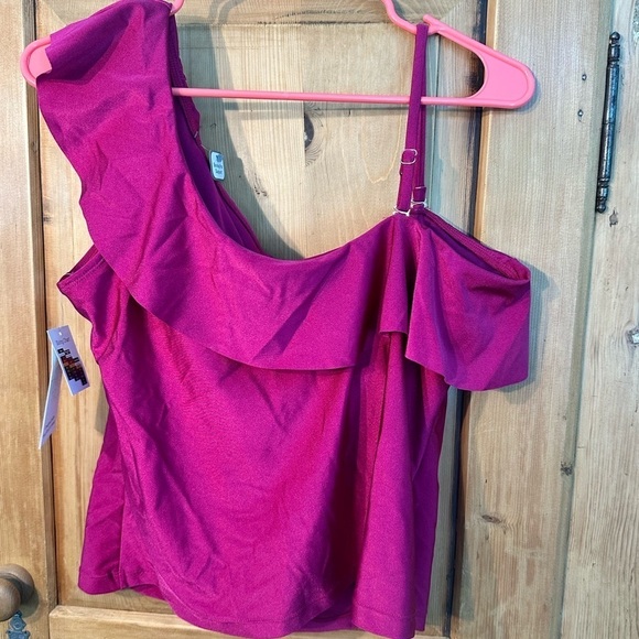 Time & Tru One Shoulder Ruffle Bathing Suit Top Size Large Fuchsia Pink NWT - Picture 7 of 12